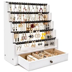 Wooden Jewelry Organizer Stand with Drawer - White and Black